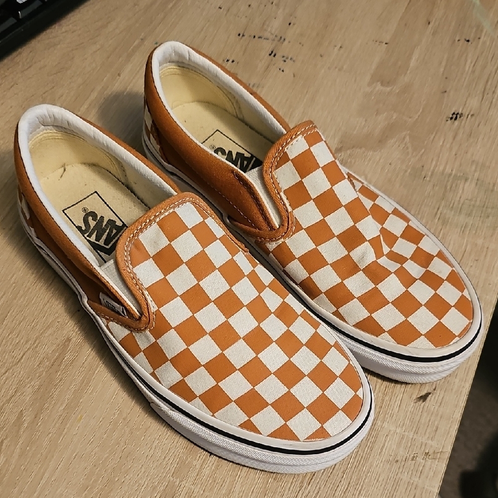 Vans Orange and White Checkered Slip-Ons 7